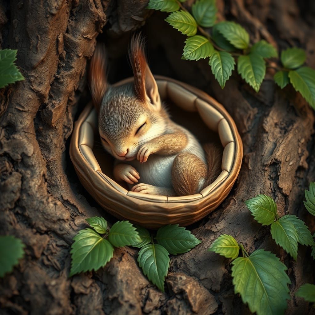Cute Squirrel in Walnut Shell: Whimsical Illustration