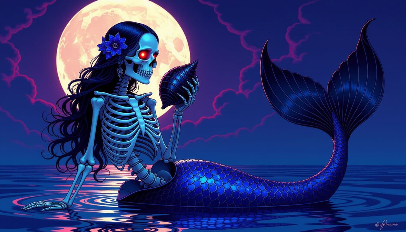Skeletal Mermaid with Mosaic Tail in Ethereal Moonlight