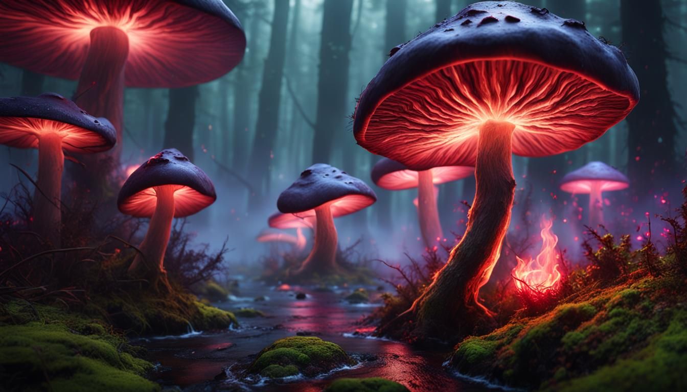 Enchanted Mushrooms in Glowing Mist: Fantasy Concept Art