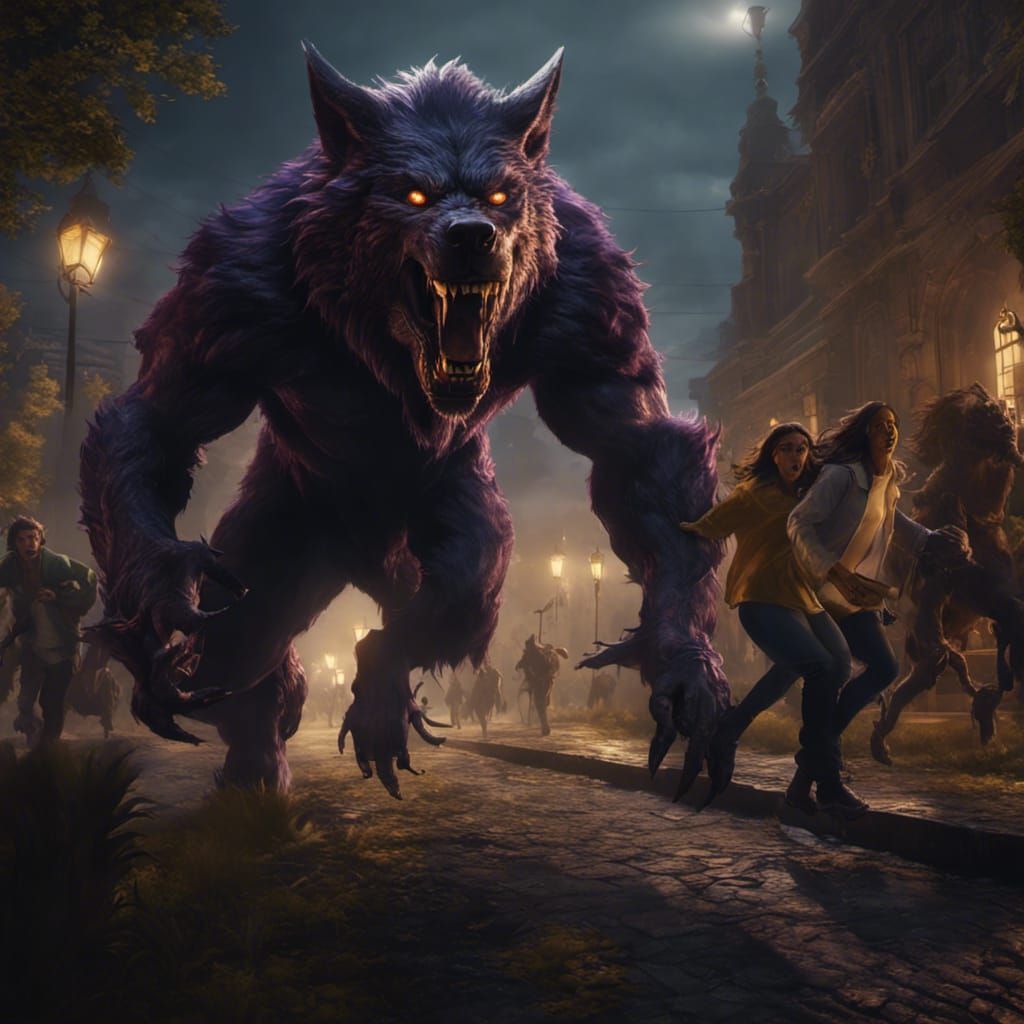 Terrified Students Fleeing Werewolf, Dark Fantasy Art