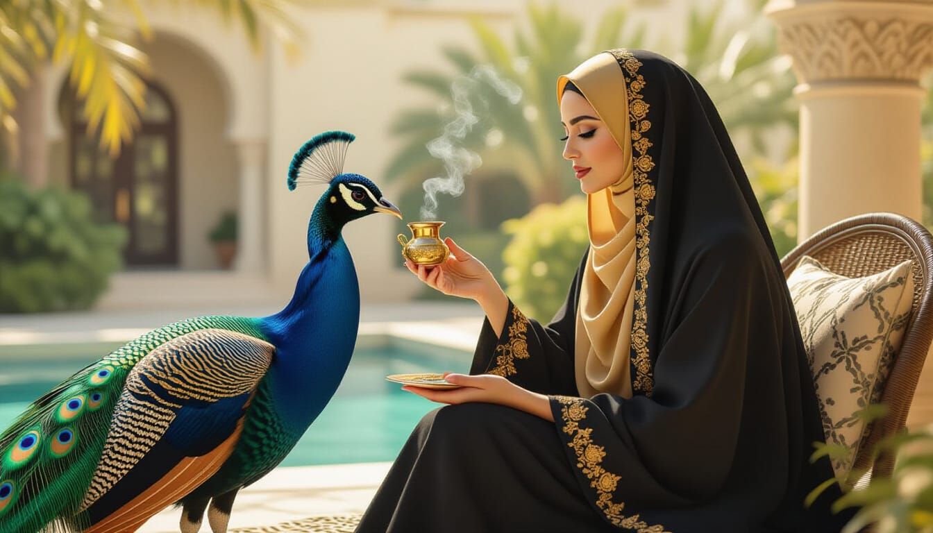 Woman and Peacock Share Coffee in Garden