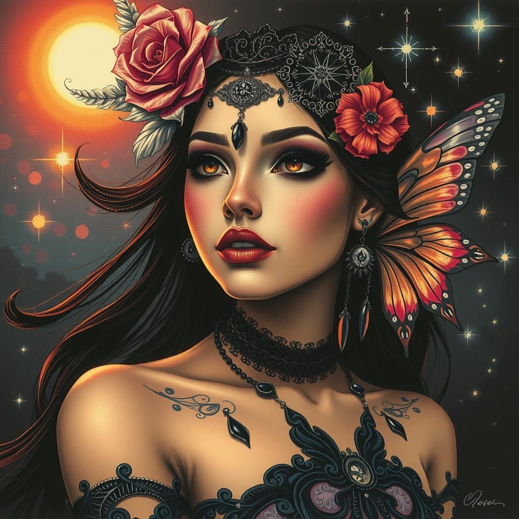 Enchanting, Charcoal Fairy Goddess Under Starry Night Sky