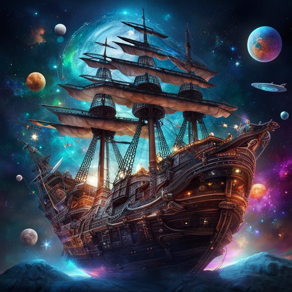 Pirate Ship Soaring Through a Cosmic Galaxy