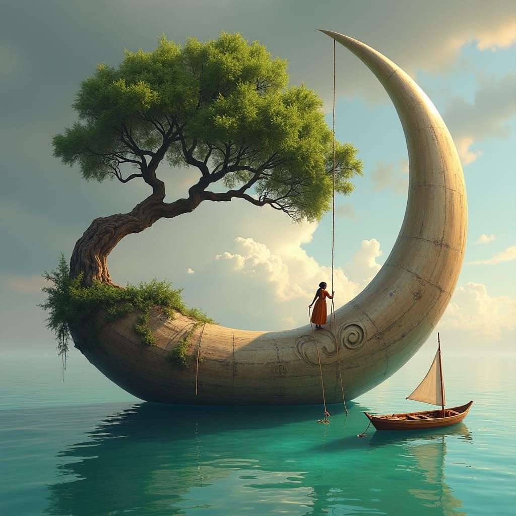 Floating Crescent Moon Sculpture in Dreamlike Landscape