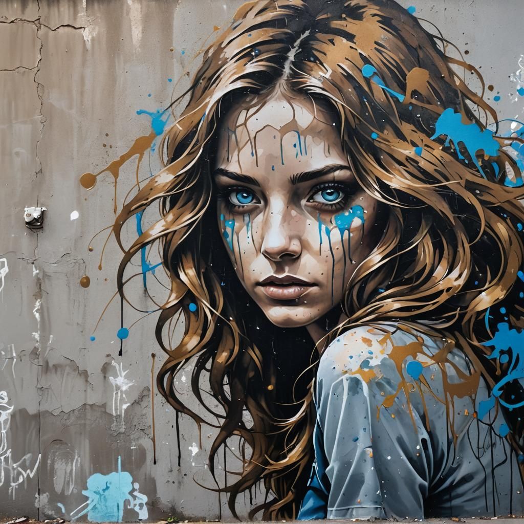 Graffiti Stencil Art of a Girl in Blue-Grey