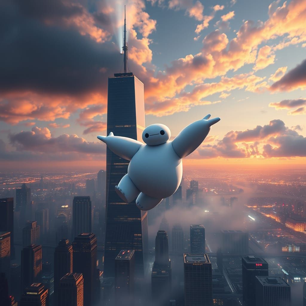 Baymax Soars Over Futuristic New York Cityscape
