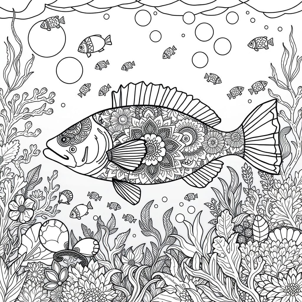 Whimsical Underwater Scene in Black and White Line Drawing