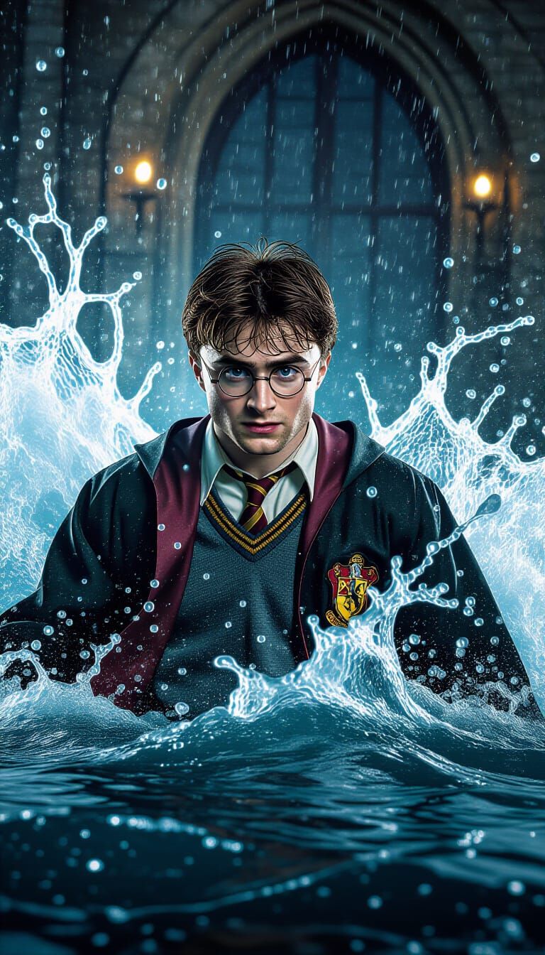 Harry Potter in Explosive Water, Hyperrealistic Cinematic Sc...