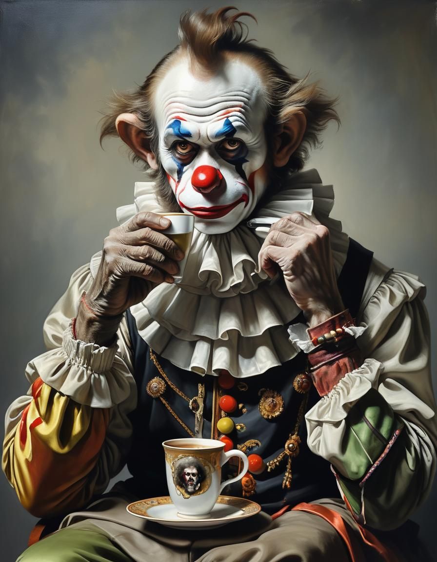 Tired Clown's Coffee Break: Oil Painting Portrait