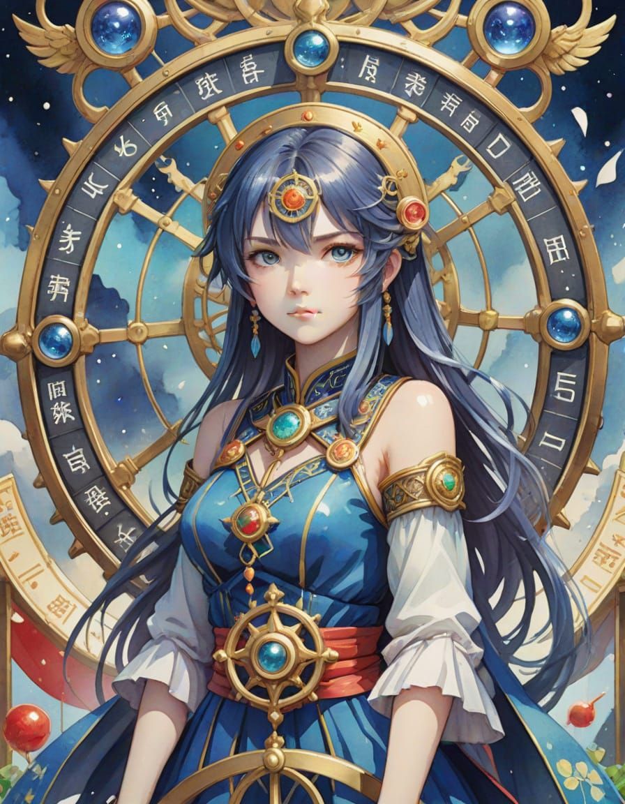 Anime Wheel of Fortune Watercolor Tarot Card