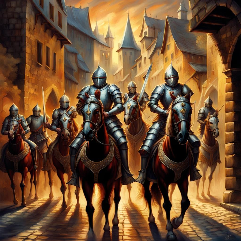 powerful scene of knights s in medieval old town with their Horses ready for the battle