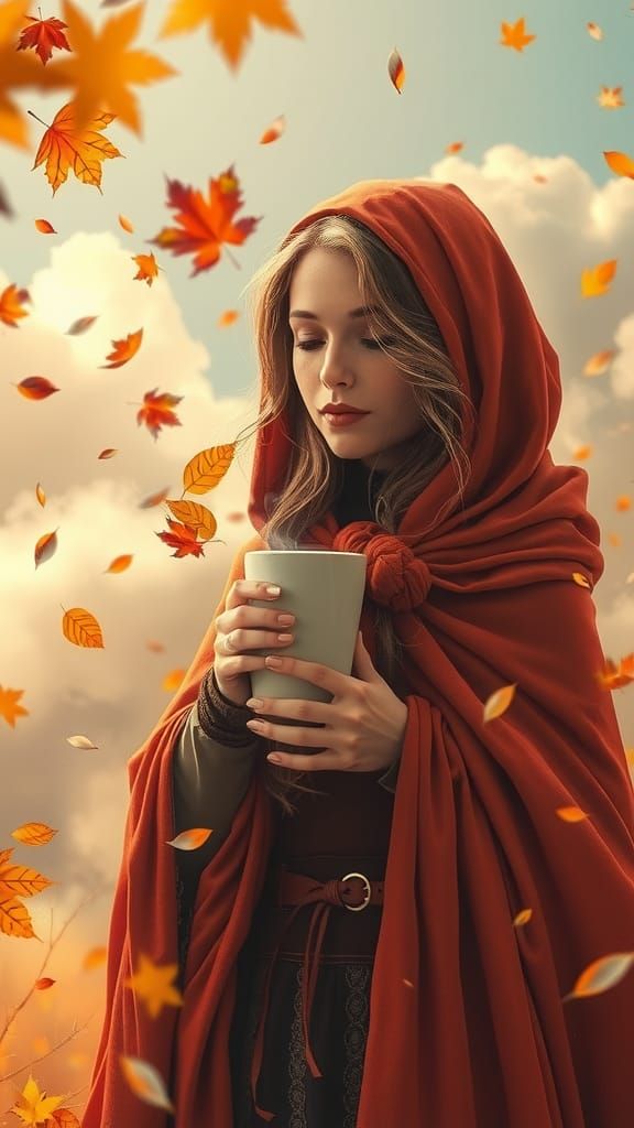 Autumn Goddess Sipping Hot Chocolate in Golden Light