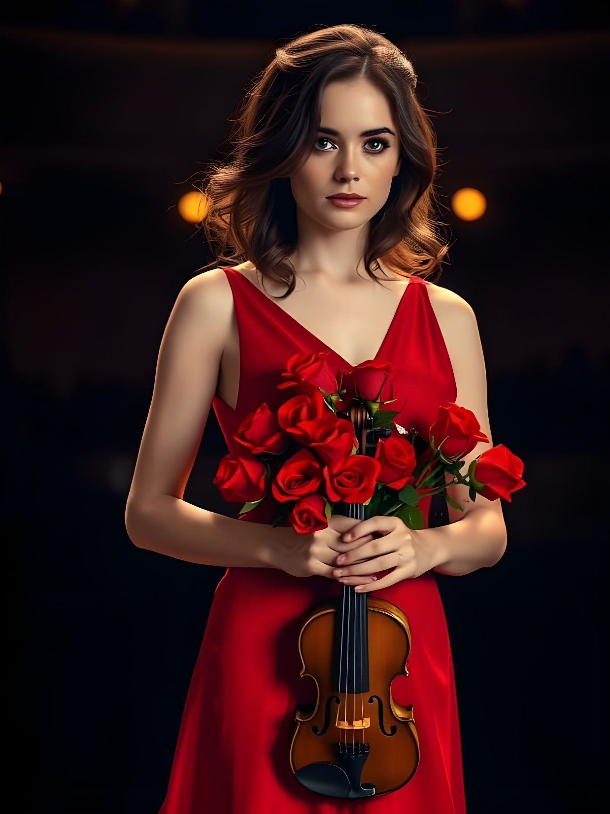 Virtuoso in Red Evening Gown with Roses