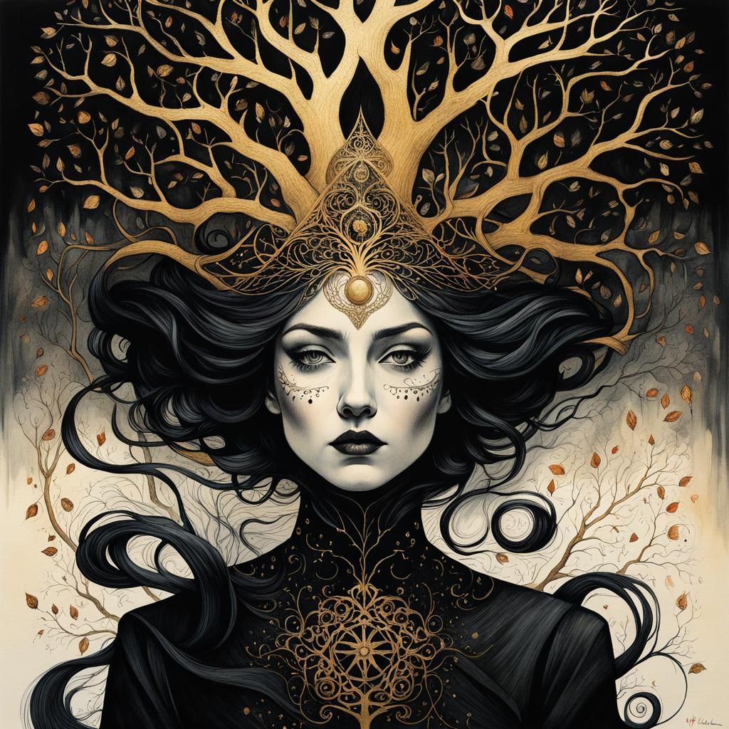 Haunted Tree Witch Portrait in Film Noir Style