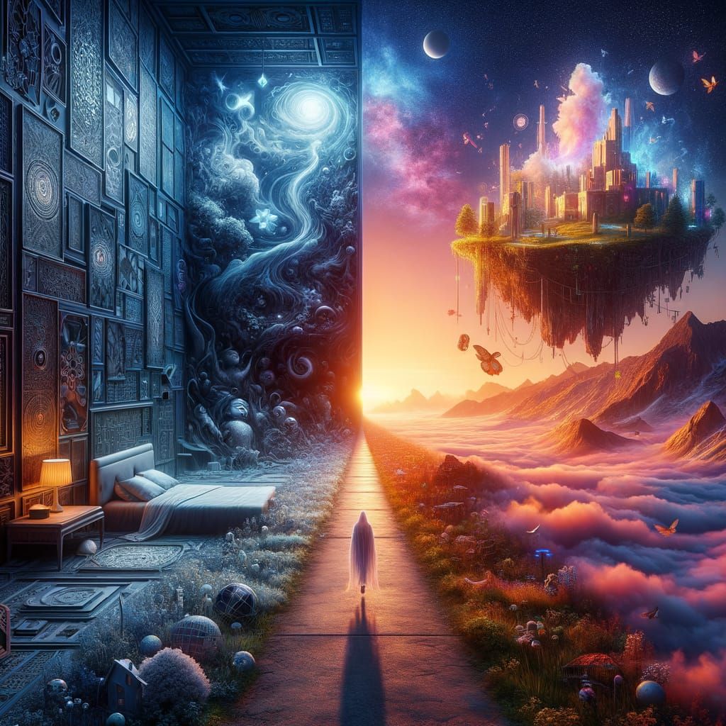 Split Dream Worlds Path in Hyperrealistic Style