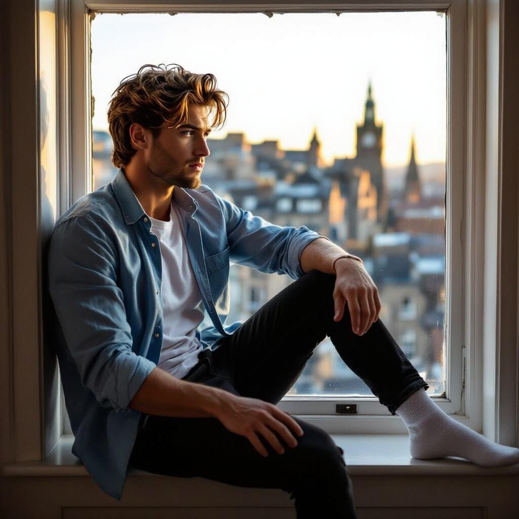 Handsome College Guy Gazes at Edinburgh Golden Hour
