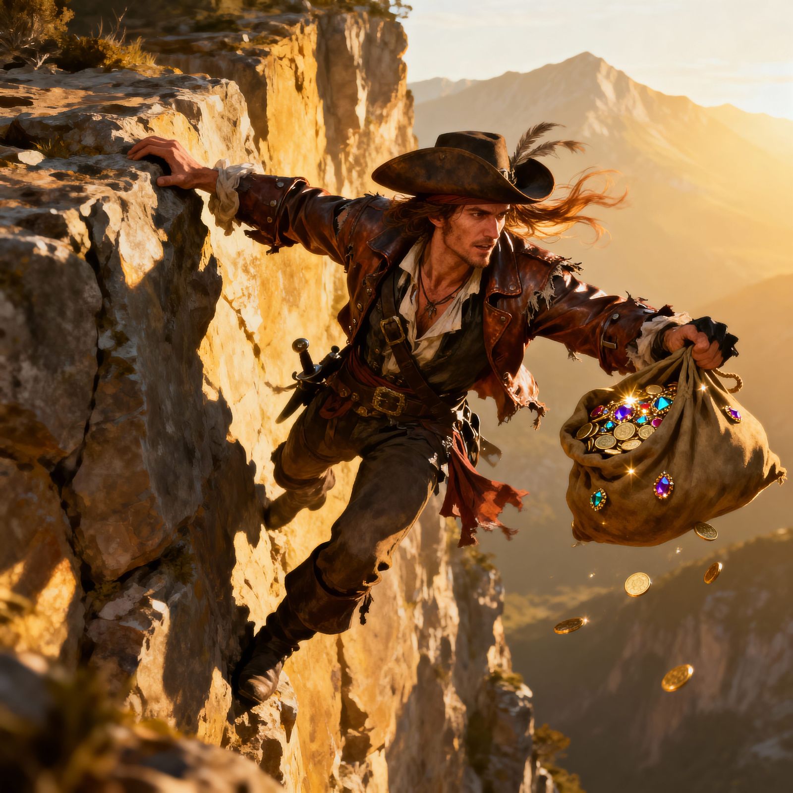 Swashbuckler Dangles Over Cliff With Treasure Bag