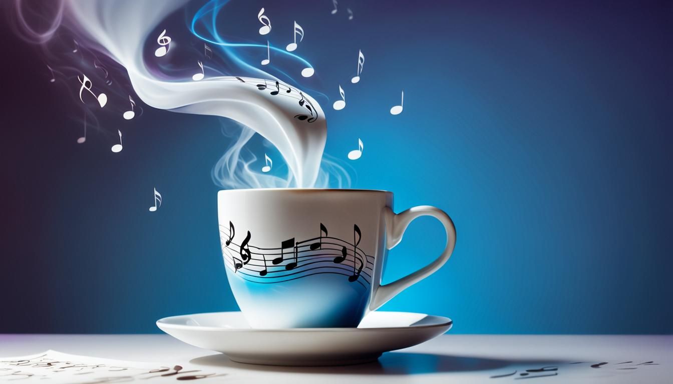 Steaming Coffee Cup with Musical Notes, Hyperrealistic Conce...