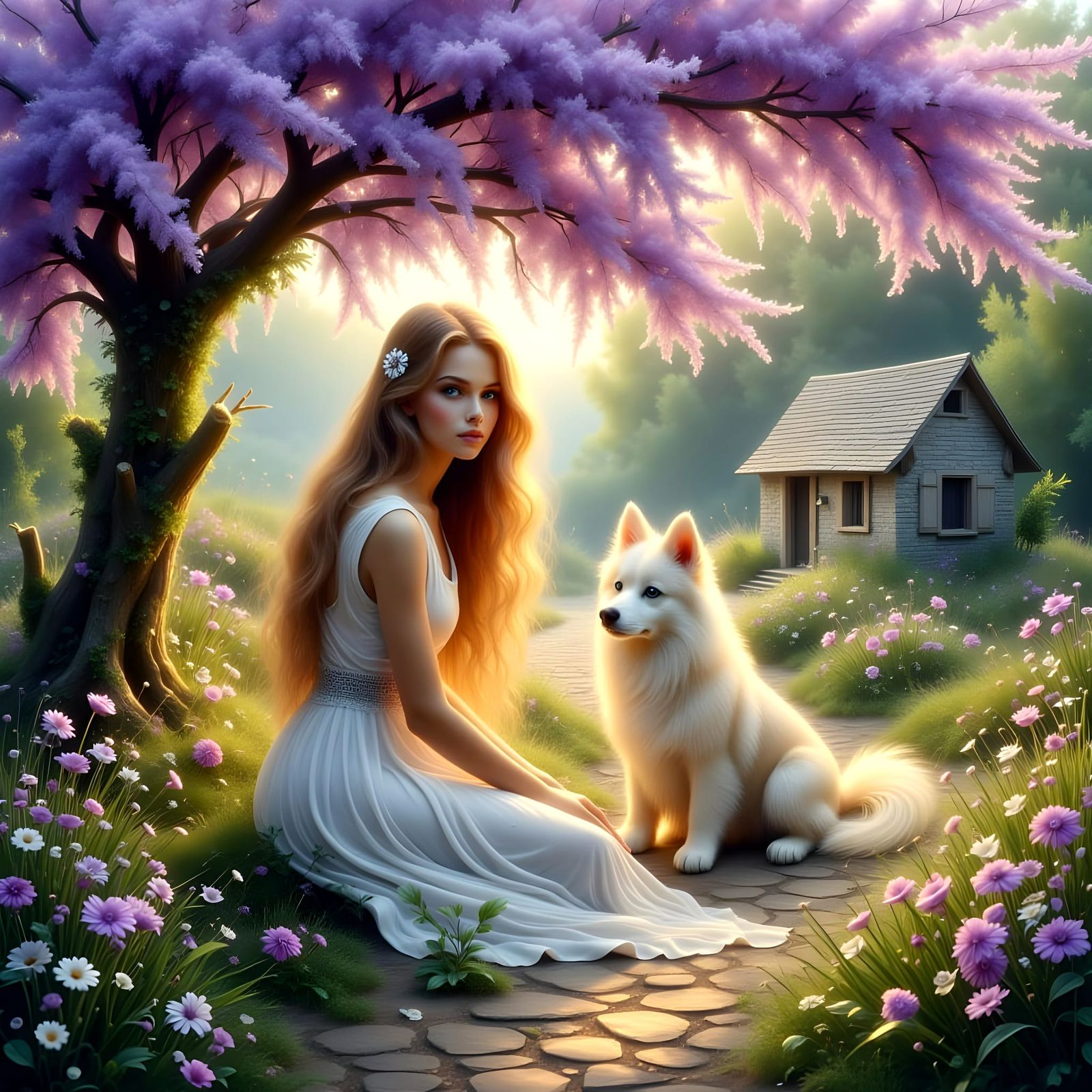 Serene Woman Contemplates Under Glorious Purple Blooms