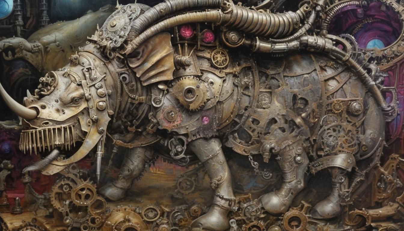 Neo-Gothic Steampunk Rhino in Dimly Lit Chamber