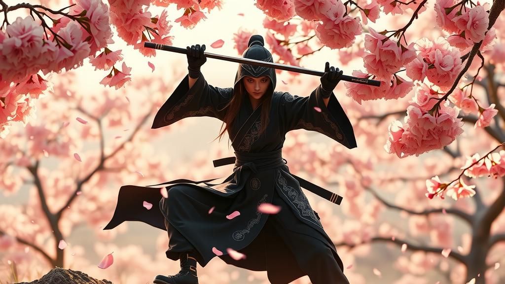 Ninja in Cherry Blossom Landscape as Matte Painting