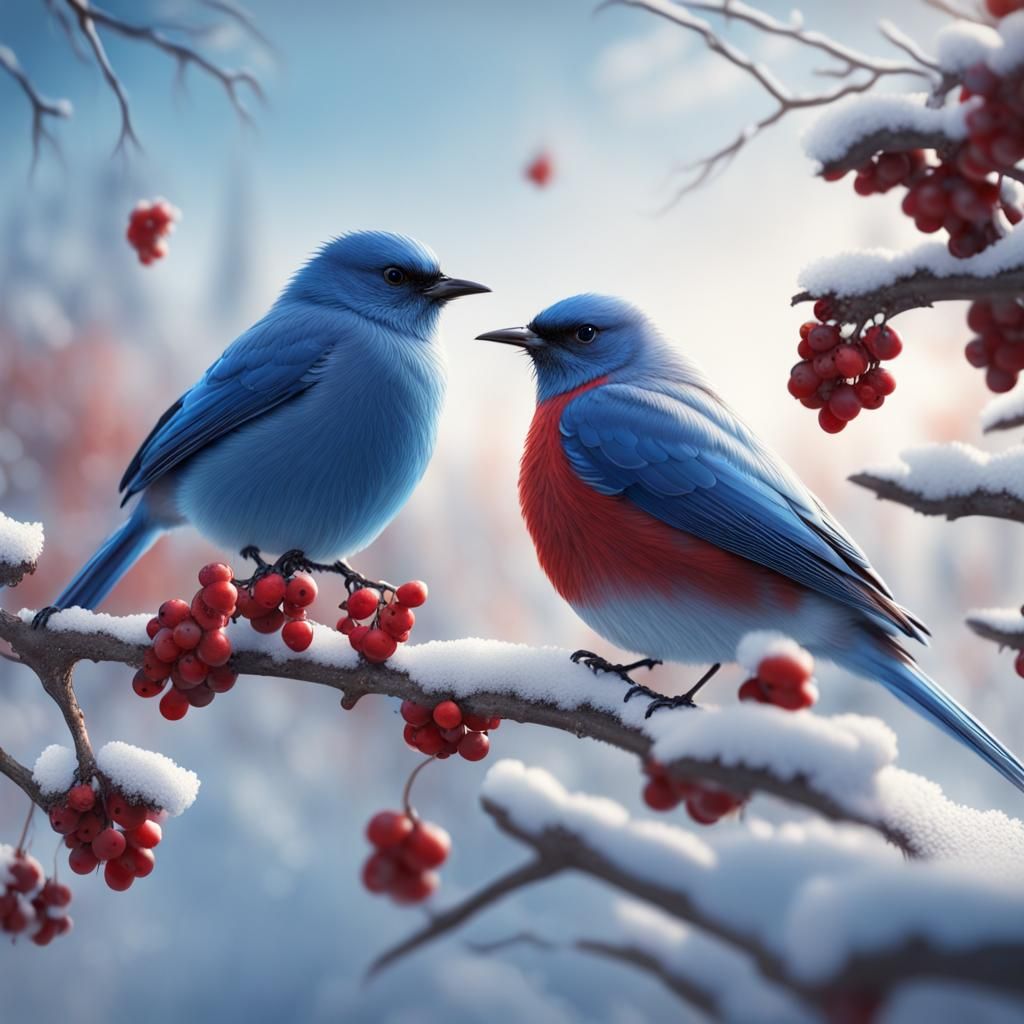 Blue Birds on Winter Branches in 8K