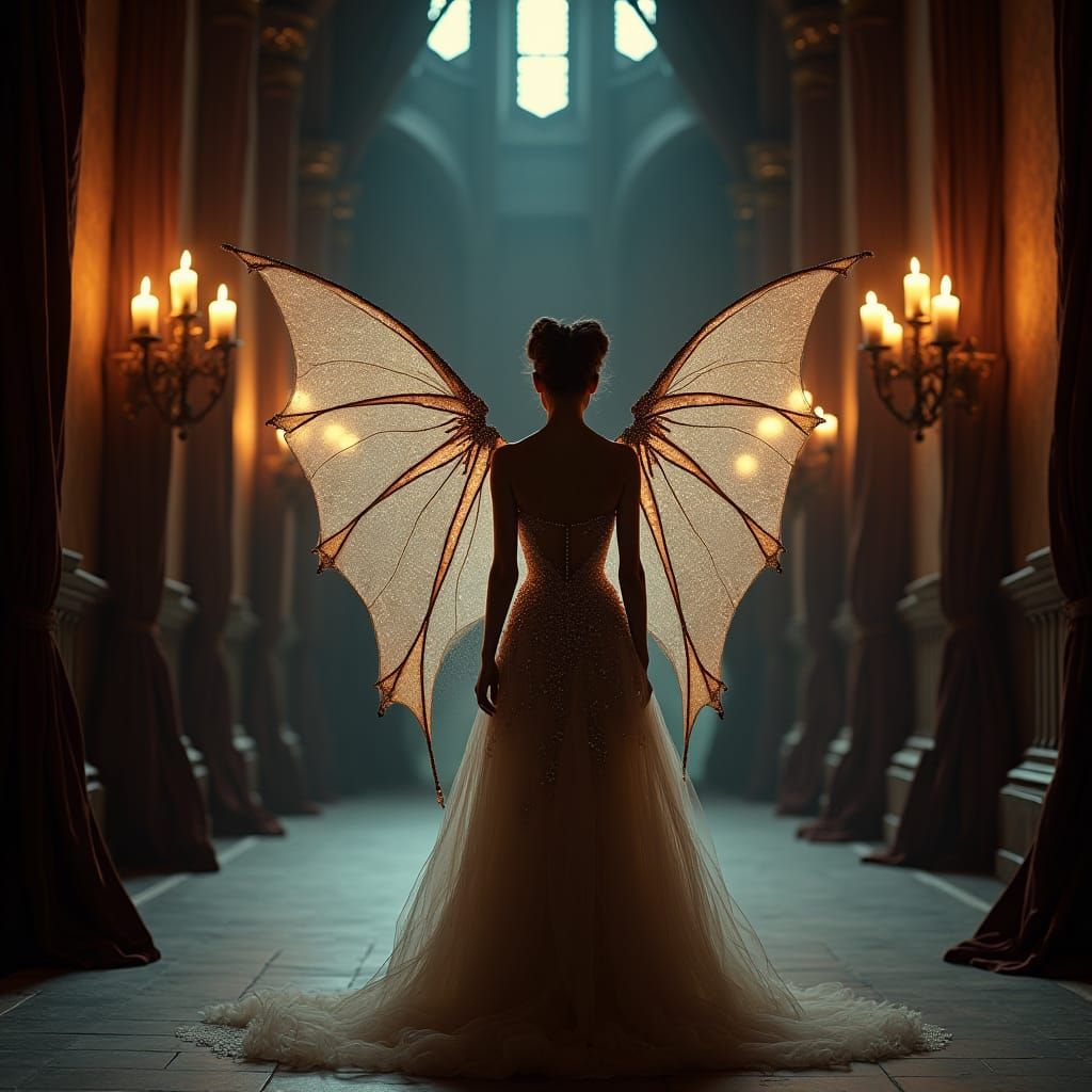 Ethereal Woman with Bat Wings in Castle Hall