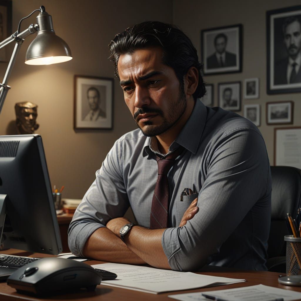 Man Fighting Sleep in Office, Realistic Digital Art