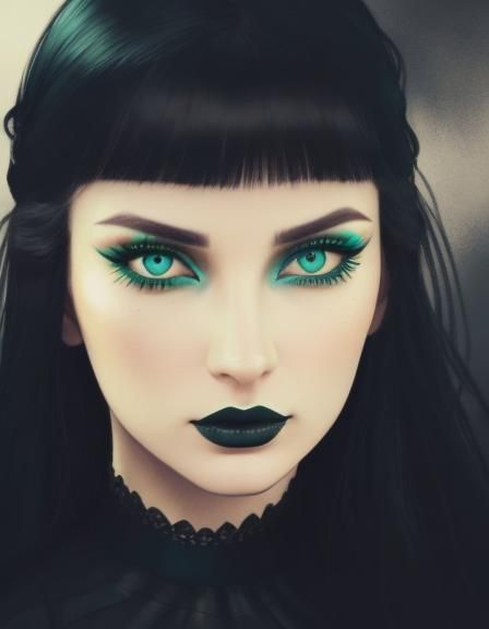 Very realistic Gothic portrait of young lady with black hair and green eyes with dark teal green eyeshadow with dark tea...