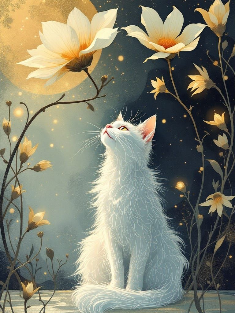 Cat Under Flower: Art Nouveau Dreamscape