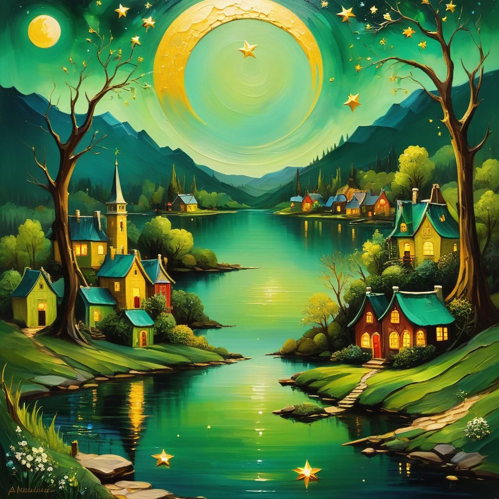 Enchanted Lakeside Village in Impasto Oil Painting