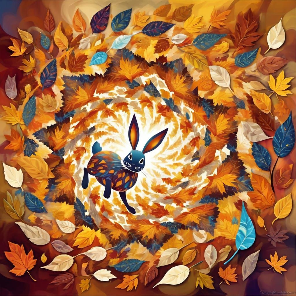 Surreal Bunny Amidst Swirling Autumn Leaves Vortex