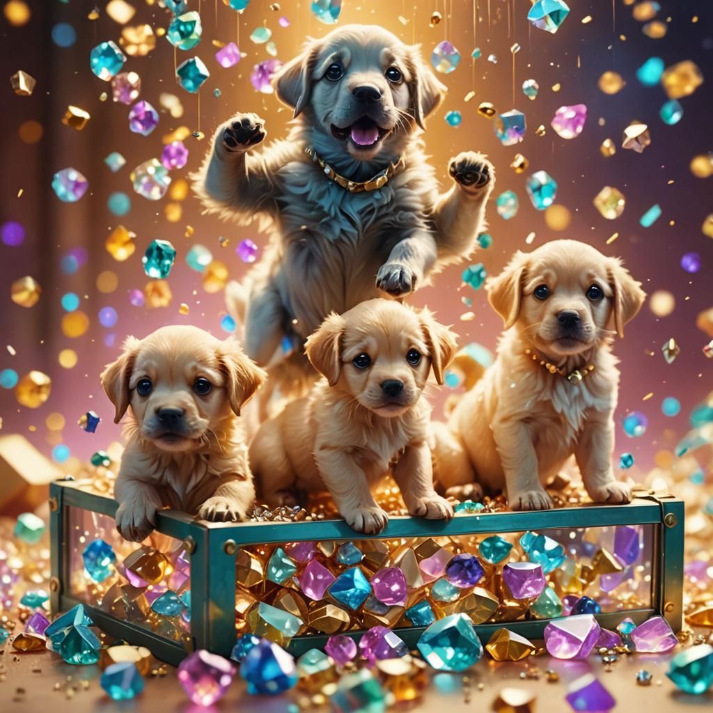 Puppies in a Jewel Box: Opulent Digital Art