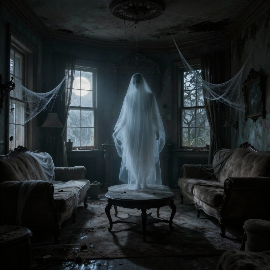Spectral Ghost Haunts Derelict Gothic Lounge