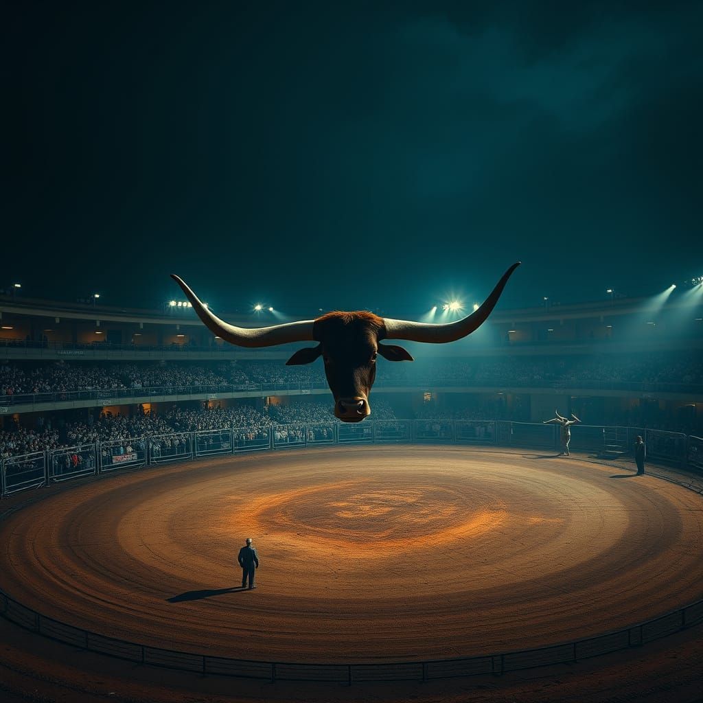 Epic Nighttime Arena Scene with Concentric Fencing and a Bul...