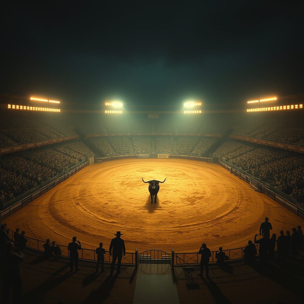 Epic Nighttime Arena Scene with Concentric Fence and Dramati...