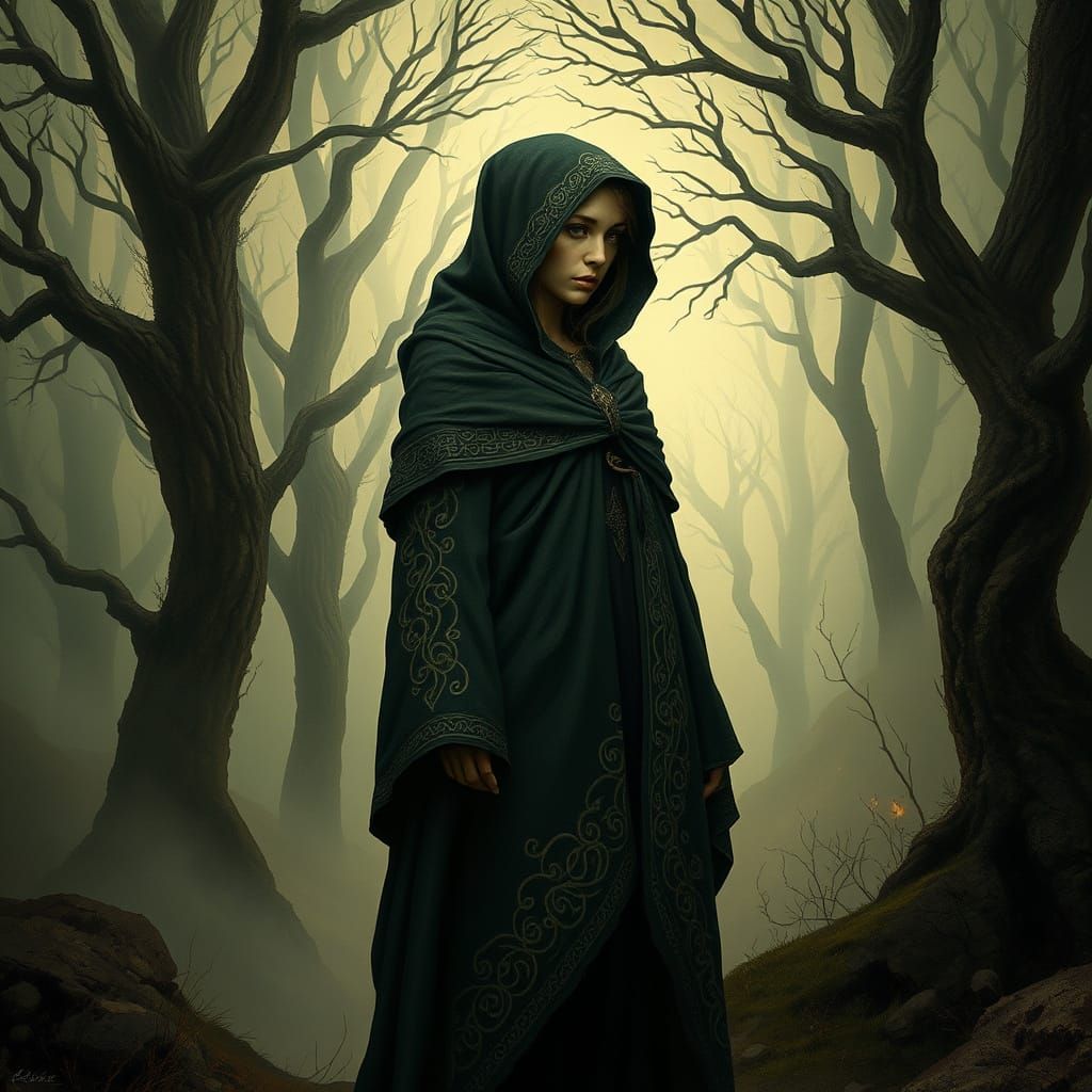 Mystical Being in Celtic-Inspired Cloak Standing at Forest's...