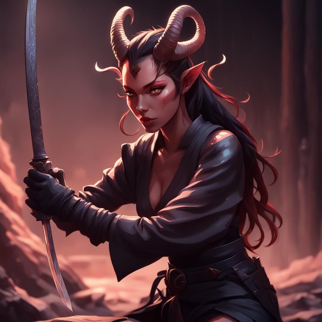 Tiefling Swordfighter Cleans Blade in 3D Anime Art
