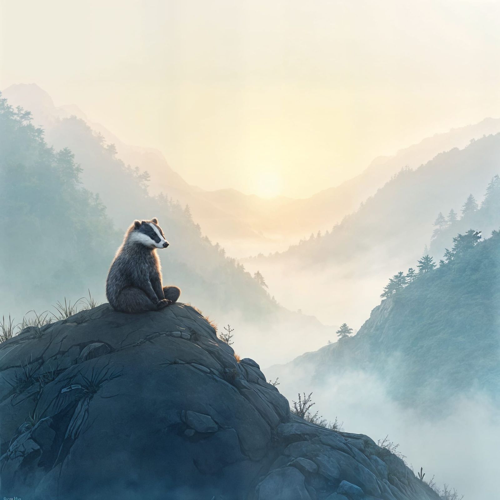 Stoic Badger Meditating on Misty Mountaintop at Dawn