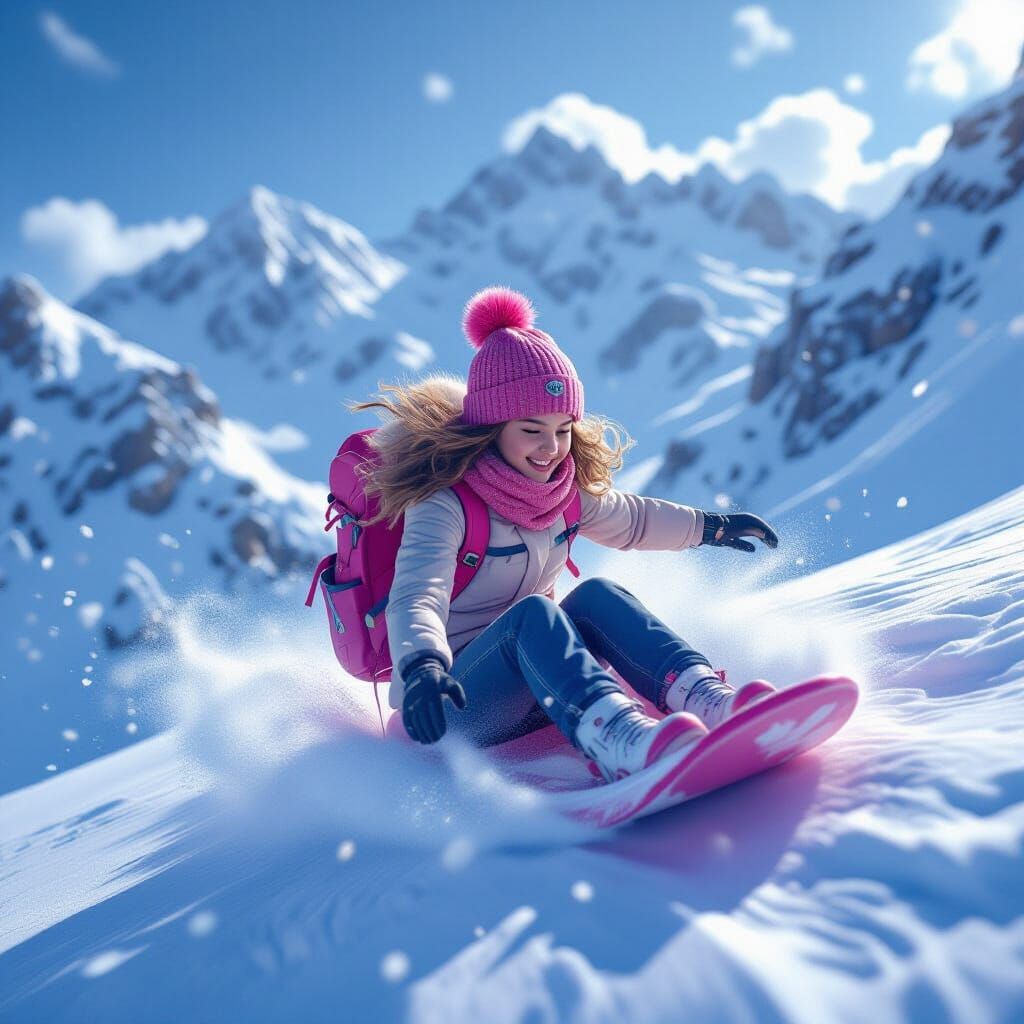 Girl in Pink Hat Sledding Mid-Air as Fantasy Concept Art