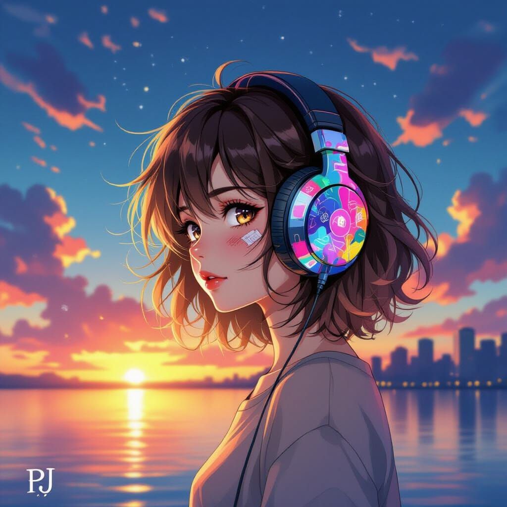 Anime Girl with Stickers on Headphones by Water at Sunset