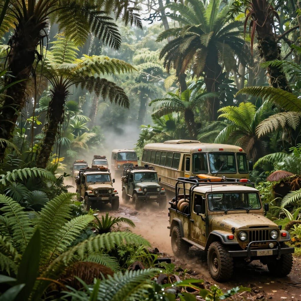 Jurassic Park Vehicles in Prehistoric Jungle