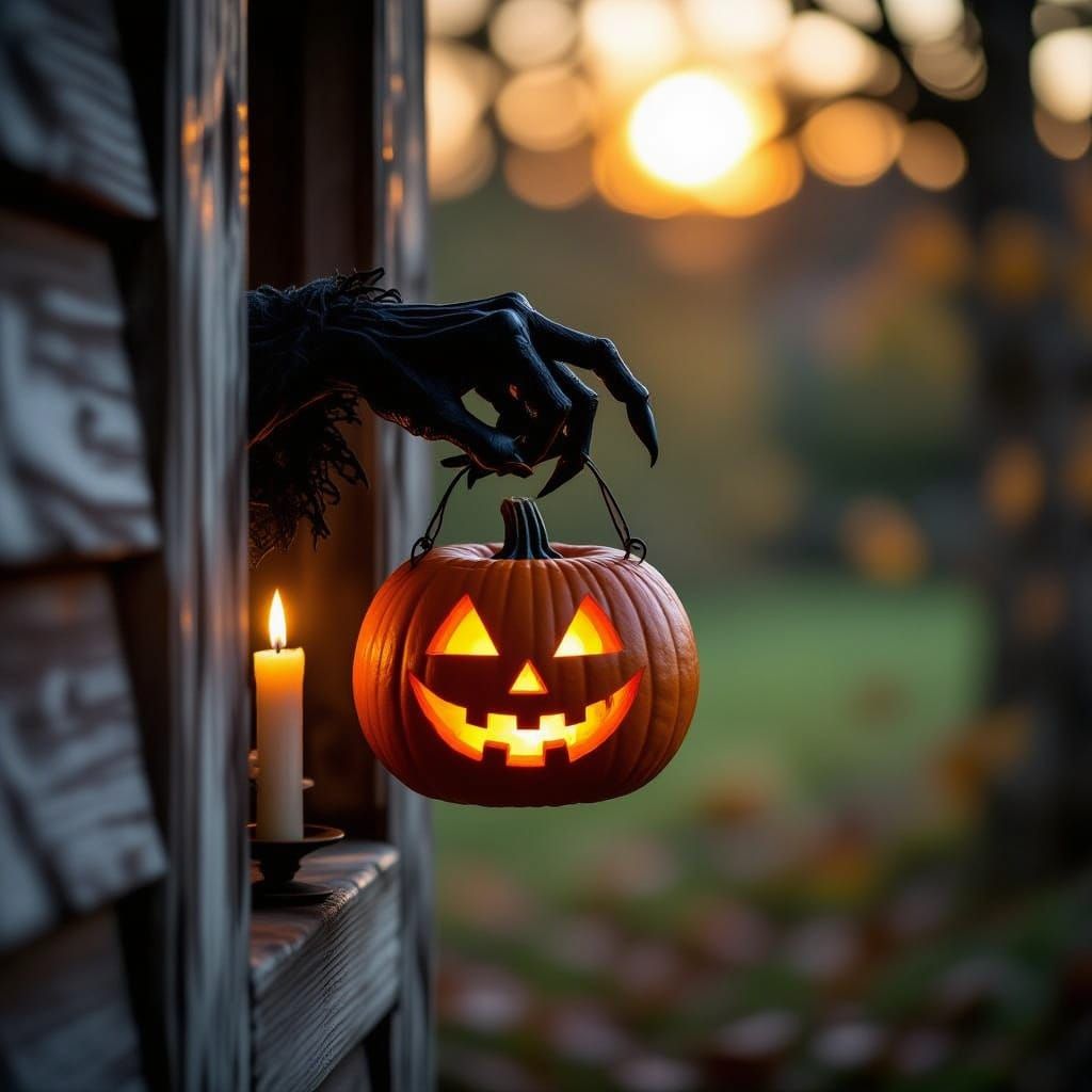 Eerie Hand Reaches From Dark Doorway with Jack-o'-Lantern