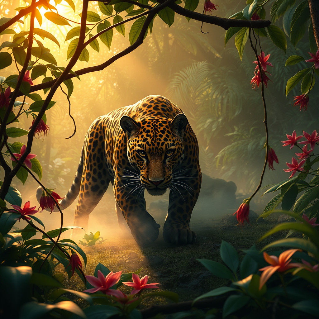 Jaguar Creeping Silently Through Tropical Rainforest