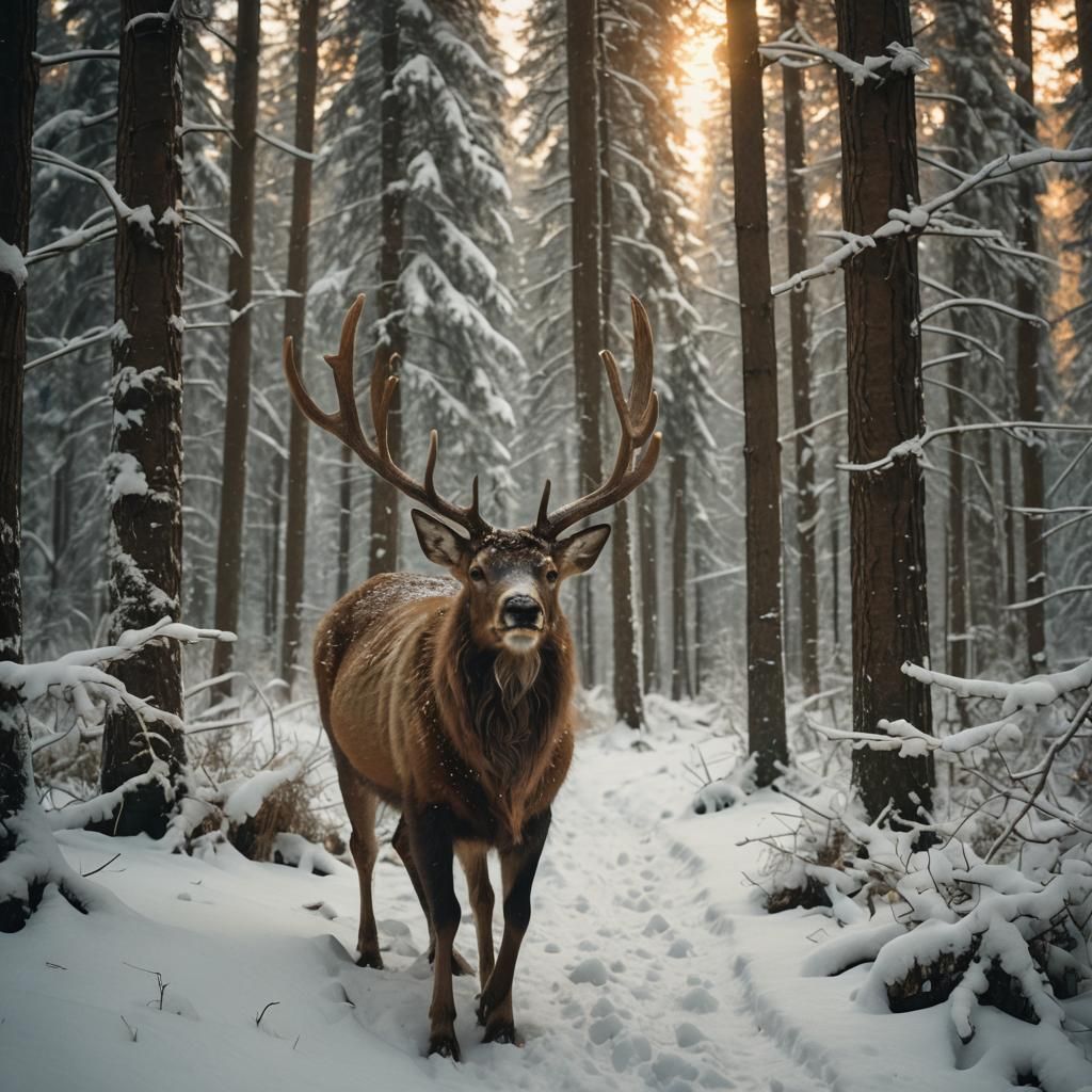 Snowy Forest Cernunnos in Golden Hour Light