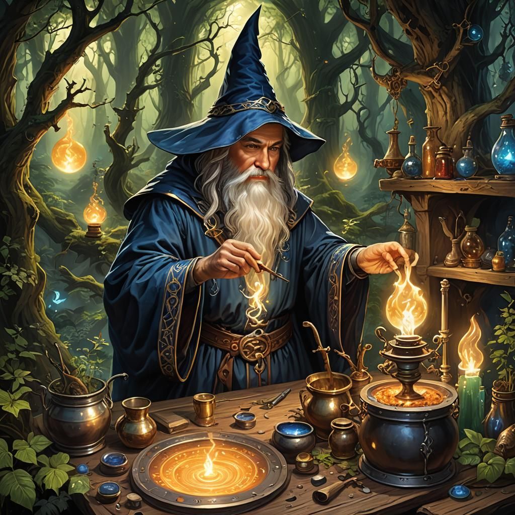 Wizard Conducting Alchemy in Forest Scene