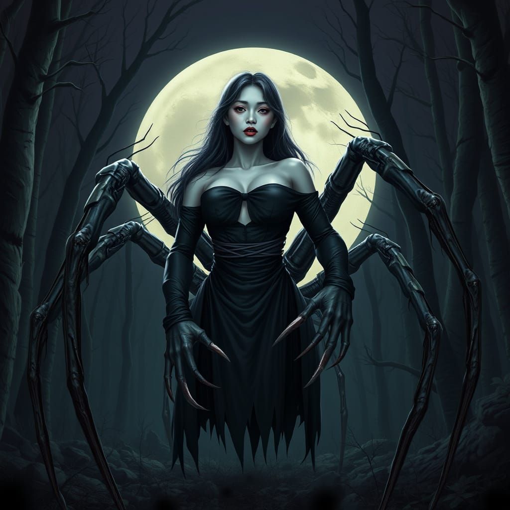 Spider Woman Monster in Moonlit Forest