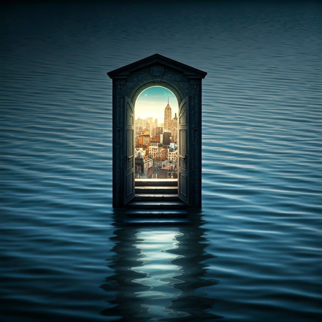 Magical Doorway Etched on Rippling Pond Surface