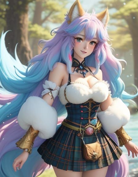 Anime Beast-Girl in Kilt with Flowing Fur