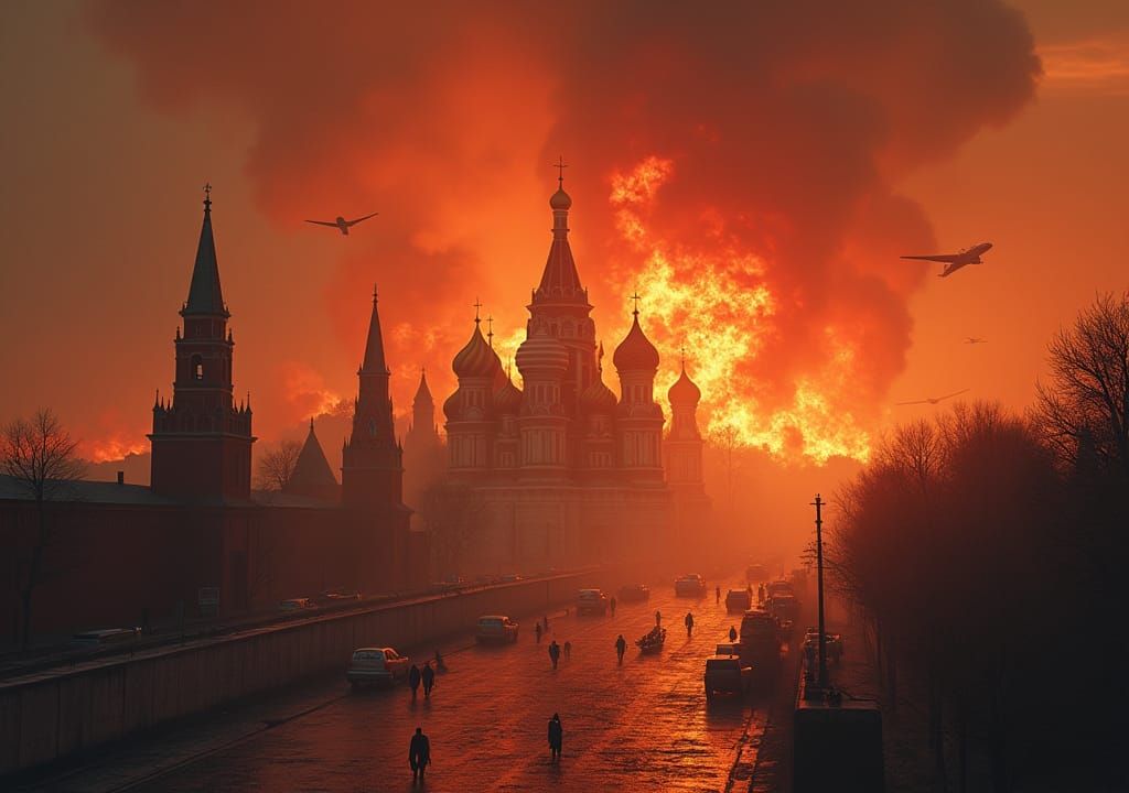 Kremlin Ablaze: Warplanes and Chaos in Detailed Painting